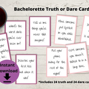 Bachelorette Party Truth or Dare Game - Afdrukbare waarheids- of drankkaarten, vrijgezellenfeestspellen