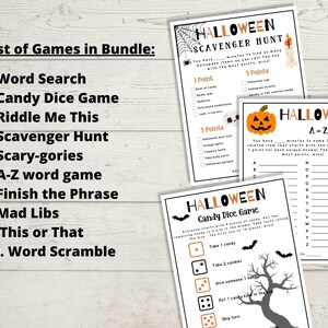May include: A printable set of Halloween party games, including a scavenger hunt, word search, candy dice game, and more. The games are designed with a black and orange color scheme and feature spooky illustrations.