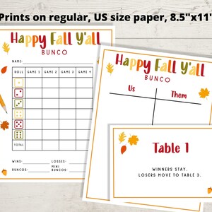 Op de afbeelding: Printbare spelkaarten voor een "Happy Fall Y'all" Bunco-spel. De kaarten hebben een herfstbladerenontwerp en de tekst "Happy Fall Y'all Bunco". E&eacute;n kaart is een scorekaart met ruimte voor de naam van de speler, de worp en de scores voor elk spel. De andere kaart is een tafelkaart met de tekst "Tafel 1" en instructies voor winnaars en verliezers.