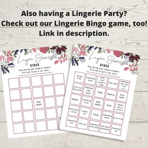 Puede incluir: Dos tarjetas de bingo imprimibles con un dise&ntilde;o floral y el texto "Lingerie Shower Bingo". Las tarjetas tienen una cuadr&iacute;cula de cuadrados con diferentes indicaciones para jugar al juego.