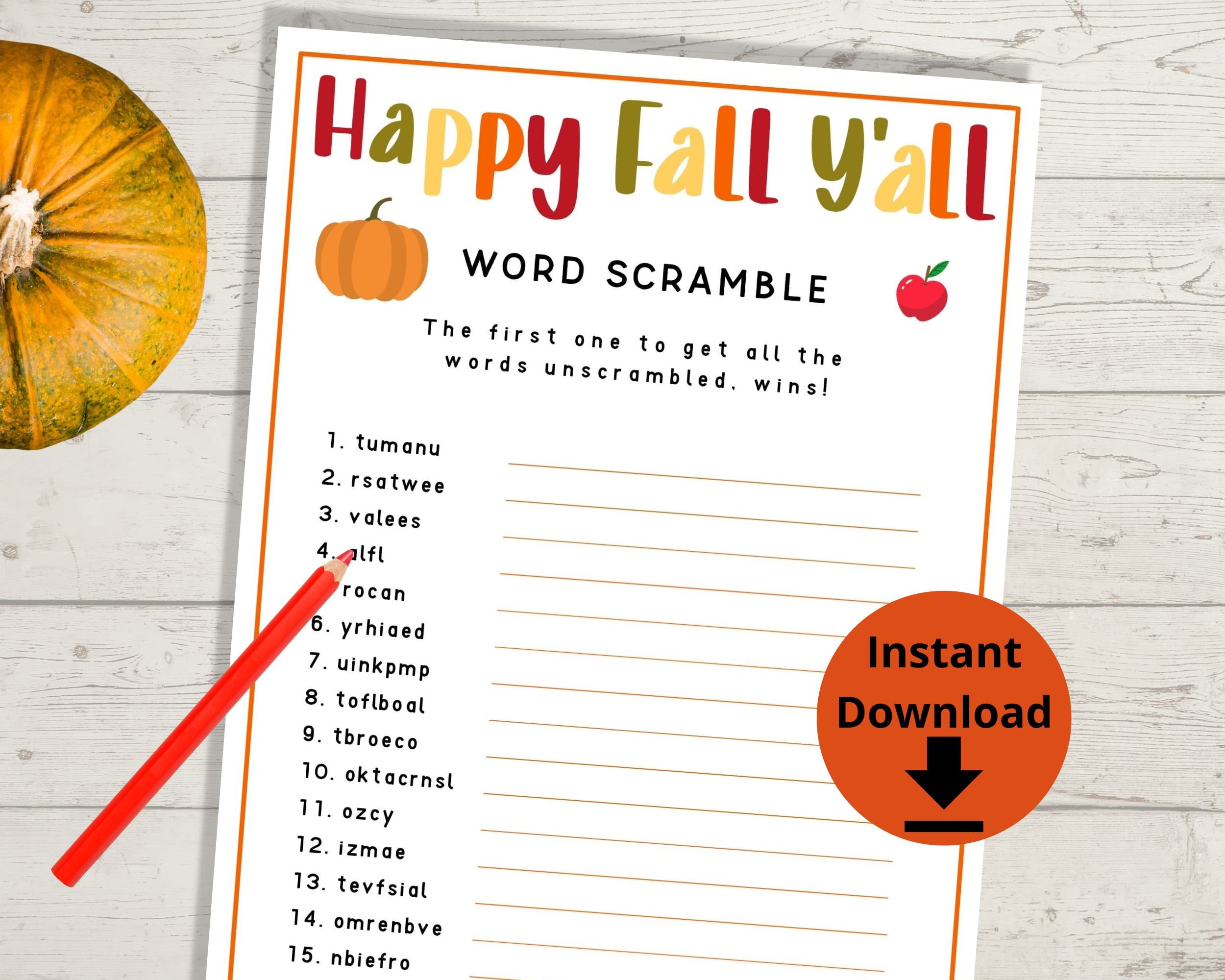 Fall Word Scramble Game - Kids Word Games, Autumn Game, Fall Printables ...