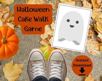 Może przedstawiać: Drukowana gra Halloween Cake Walk z uroczą ilustracją ducha. Gra jest dostępna do pobrania natychmiast i zawiera kartę tytułową z napisem "Halloween Cake Walk Game".