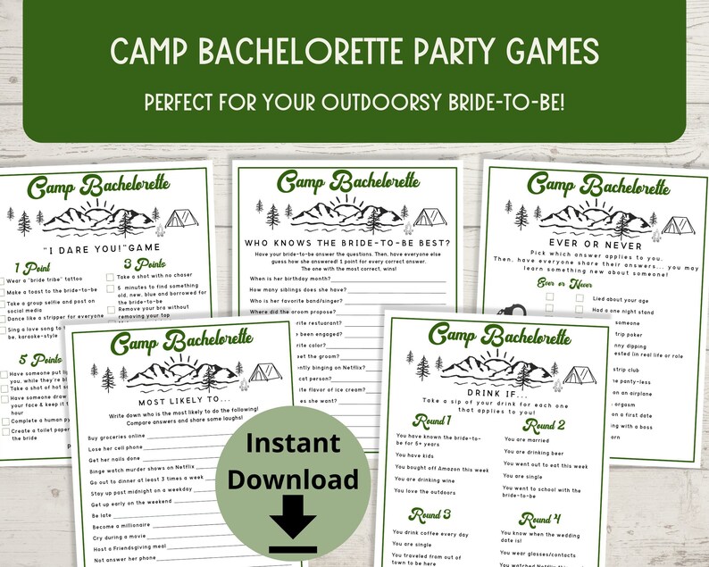 Camp Bachelorette Games - Camping Bachelorette Party, Outdoor Bachelorette Party Game Bundle, Randonnée Bachelorette image 1
