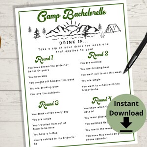 Camp Bachelorette Drink If Game - Camping Bachelorette Party, Outdoors Bachelorette, Drinking Game, Bachelorette Game