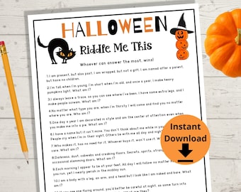 Halloween Riddle Me This Game - Gra na imprezę Halloween, Aktywności na Halloween, Wydruki na grę na Halloween, Gry dla dzieci