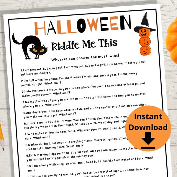 Halloween Riddle Me This Game - Halloween Party Game, Halloween Activities, Halloween Game Printables, Kids Games