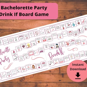 K&ouml;nnte beinhalten: Ein druckbares Bachelorette-Party-Spielbrett mit rosa und wei&szlig;em Text und Grafiken. Das Spiel hei&szlig;t "Drink If..." und enth&auml;lt Aufforderungen wie "Du hast ein Geschenk bekommen, das f&uuml;r jemand anderen bestimmt war" und "Du hast einen Ehering zur Party getragen".