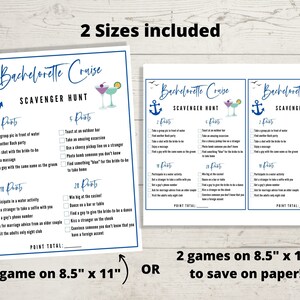 May include: A printable bachelorette party scavenger hunt game with a nautical theme. The game includes two sizes: one 8.5 inches by 11 inches and two 8.5 inches by 11 inches to save on paper. The game features a blue anchor and a blue and white striped cocktail.