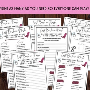 Puede incluir: Un conjunto de juegos imprimibles para una despedida de soltera con un esquema de color rosa y blanco. Los juegos incluyen una b&uacute;squeda del tesoro, un juego de "qui&eacute;n conoce mejor a la novia", un juego de "qui&eacute;n es m&aacute;s probable que" y un juego de "siempre o nunca". Los juegos presentan un gr&aacute;fico de bota vaquera rosa.