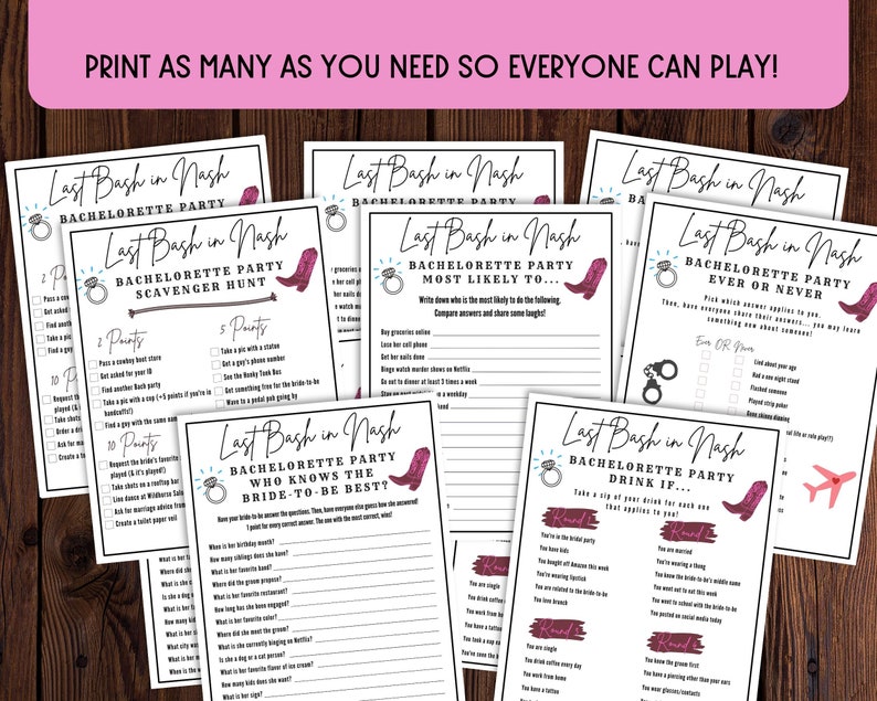 Puede incluir: Un conjunto de juegos imprimibles para una despedida de soltera con un esquema de color rosa y blanco. Los juegos incluyen una b&uacute;squeda del tesoro, un juego de "qui&eacute;n conoce mejor a la novia", un juego de "qui&eacute;n es m&aacute;s probable que" y un juego de "siempre o nunca". Los juegos presentan un gr&aacute;fico de bota vaquera rosa.