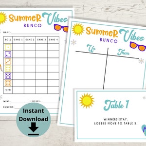 Summer Bunco - Imprimíveis de férias Bunco, jogo Bunco, números de mesa Bunco, cartões de pontuação Bunco de junho, folhas de pontuação Bunco, Summer Vibes Bunco