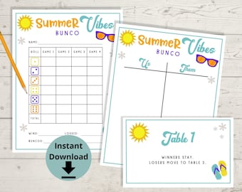 Może przedstawiać: Drukowane karty do gry w Bunco Summer Vibes z żółtym słońcem i okularami przeciwsłonecznymi. Karty do gry zawierają tabelę do rejestrowania wygranych, przegranych i buncos. Jest też tabela do rejestrowania wyników każdej gry. Karty do gry są przeznaczone dla dwóch graczy.
