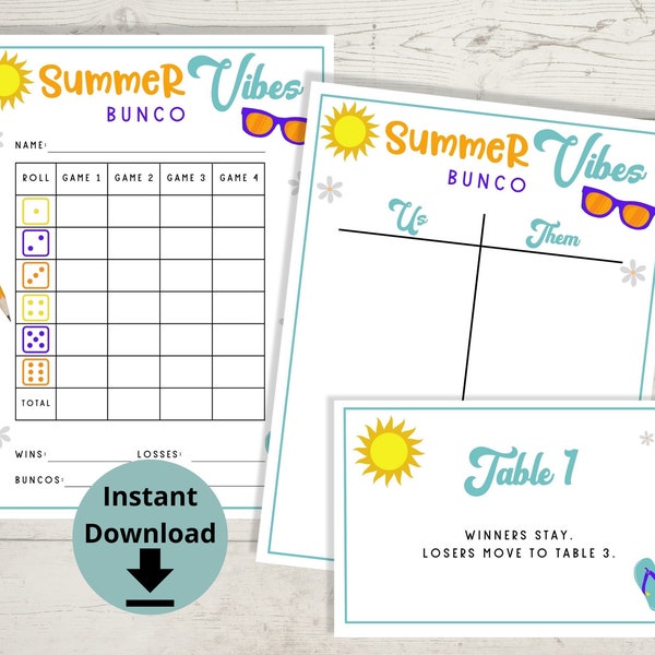 Summer Bunco - Vacation Bunco Printables, Bunco Game, Bunco Table Numbers, June Bunco Score Cards, Bunco Score Sheets, Summer Vibes Bunco