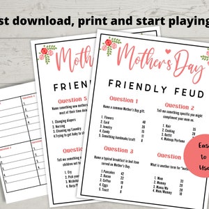 May include: A printable Mother's Day game called "Friendly Feud" with questions and answers. The game is decorated with pink flowers and hearts.