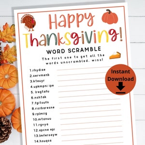 Thanksgiving Word Scramble - Word Game, Thansgiving Kids Game, Friendsgiving Game, Word Puzzle