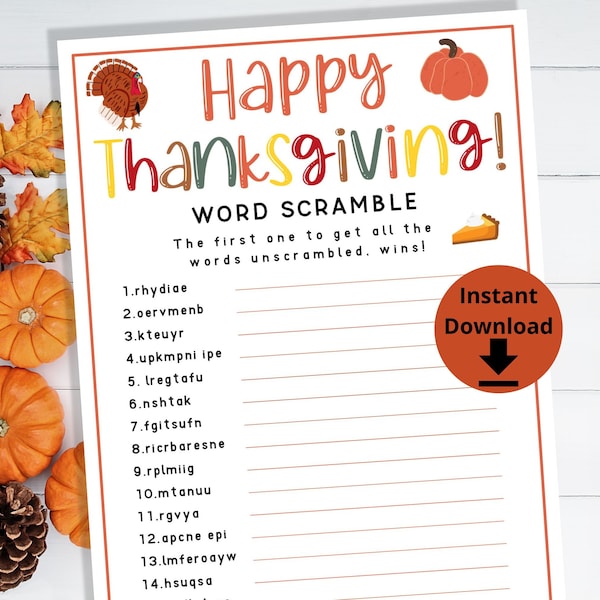 Thanksgiving Word Scramble - Word Game, Thansgiving Kids Game, Friendsgiving Game, Word Puzzle