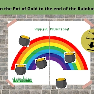 Könnte beinhalten: Ein druckbares Spiel für eine St. Patrick's Day Party. Das Spiel heißt "Pin the Pot of Gold to the End of the Rainbow". Das Spielbrett zeigt einen Regenbogen mit fünf goldenen Töpfen voller Münzen. Das Spiel ist zum Download bereit.