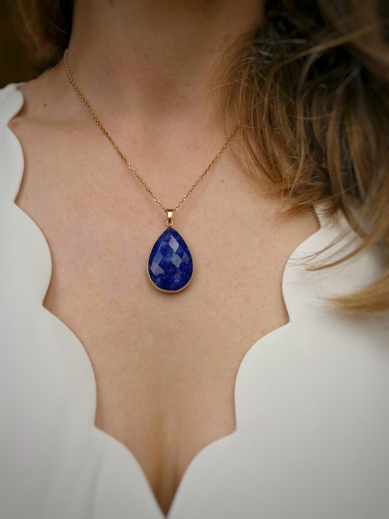 tear shape sapphire jewellery gold necklace gemstone pendant handmade natural stone rare necklace Sapphire gold chain necklace