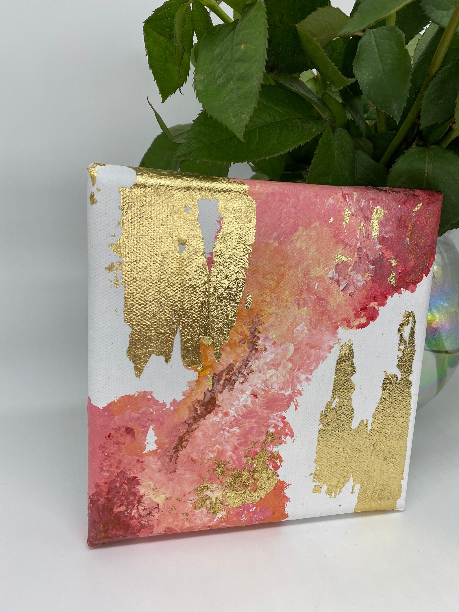 Acrylic pink gold wall art Gold leaf canvas painting Textured Etsy