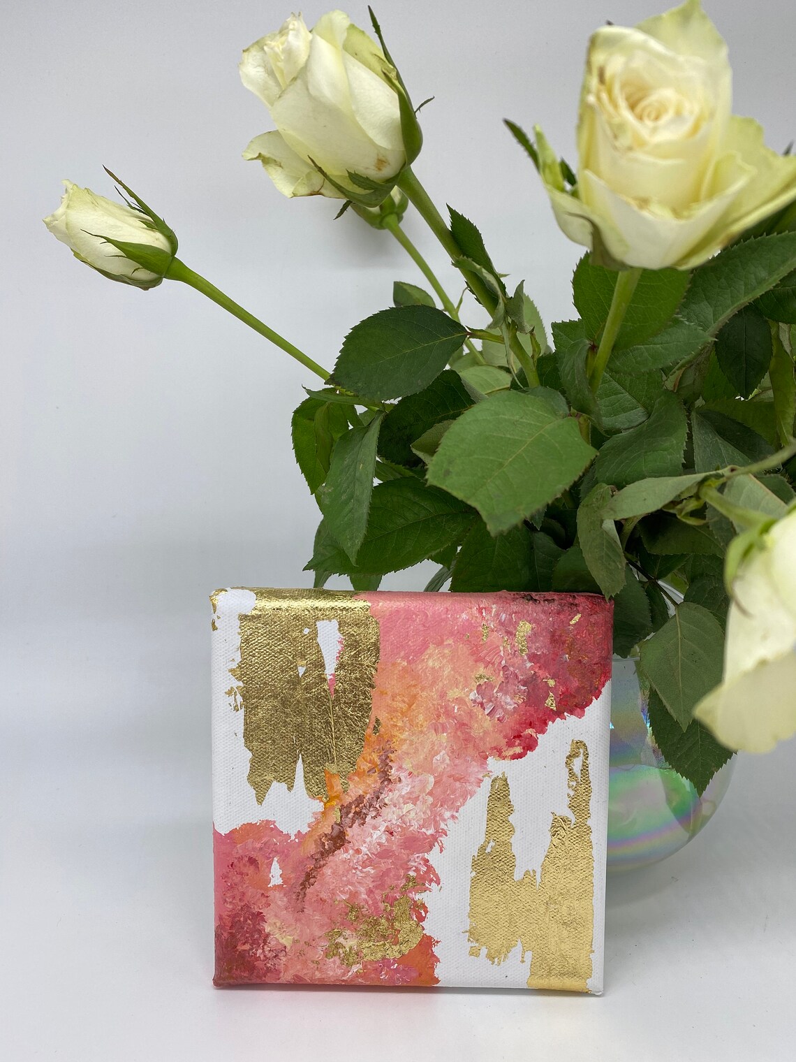 Acrylic pink gold wall art Gold leaf canvas painting Textured Etsy