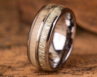 Meteorite tungsten wedding band, Ring with Meteorite for man, Anniversary ring