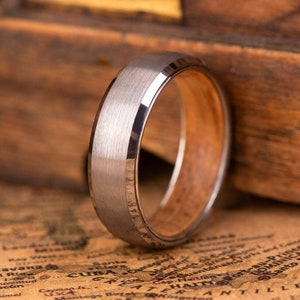 Silver wedding band minimalist, Whisky barrel ring, Silver ring with wood