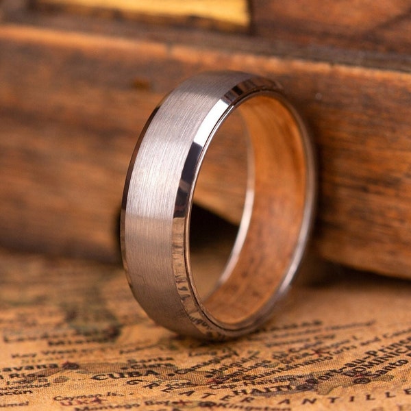 Silver wedding band minimalist, Whisky barrel ring, Silver ring with wood