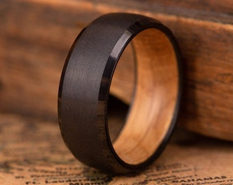 Whiskey Barrel ring for man, Wooden engagement ring, Black Tungsten and Wood wedding band, Unique wedding ring for man, Whiskey Barrel ring