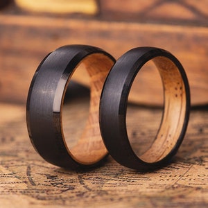 Matching couple rings, Couple wedding bands, Whiskey Barrel black tungsten rings, His and her wedding bands, Matching promise wooden rings