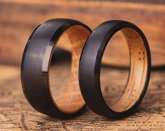 Matching couple rings, Couple wedding bands, Whiskey Barrel black tungsten rings, His and her wedding bands, Matching promise wooden rings