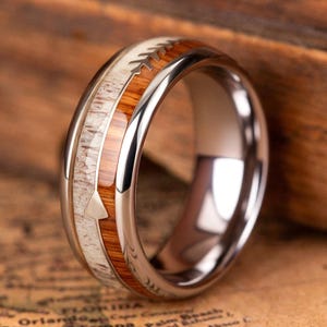 Unique Antler & Whiskey Barrel wooden band for man, Wood and Silver &quot;ArrowWood&quot; Wedding band ring, Wood band ideas, Tungsten man&#39;s ring