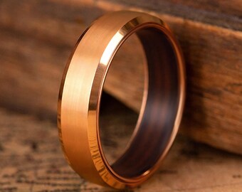 Alianza de boda de madera de wengué para mujer — Anillo con incrustaciones de tungsteno — Alianza nupcial única de oro rosa — MOKUME