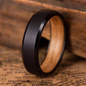 Men's Wedding Band — Black Tungsten Wood Ring, Japanese Style with Wood Inner Sleeve, Whiskey Barrel — TAKUMI