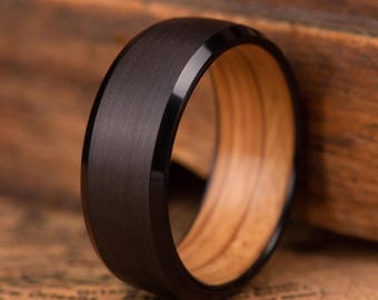 Men's Whiskey Barrel Ring — Black Tungsten Wood Wedding Band, Wooden Engagement ring — TAKUMI