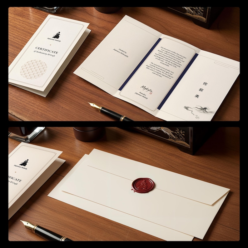 Puede incluir: Juego de papeler&iacute;a color crema con un certificado, un folleto plegado y un sobre sellado con un sello de cera rojo. Una pluma estilogr&aacute;fica negra y dorada descansa sobre la superficie de madera. El certificado dice "Certificate of Authenticity & Craft".