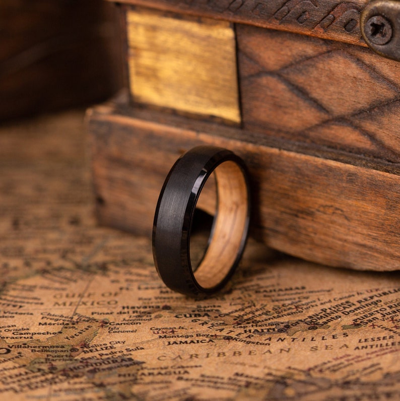 Whiskey Barrel ring for man, Wooden engagement ring, Black Tungsten and Wood wedding band, Unique wedding ring for man, Whiskey Barrel ring image 7