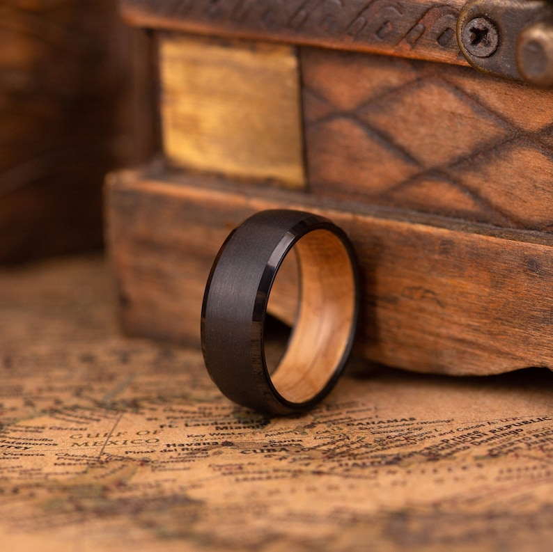 Whiskey Barrel ring for man, Wooden engagement ring, Black Tungsten and Wood wedding band, Unique wedding ring for man, Whiskey Barrel ring image 1