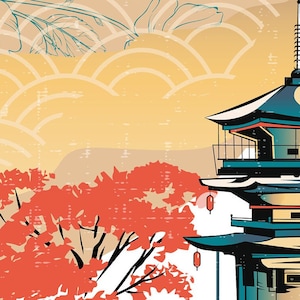 May include: An illustration of a Japanese pagoda with a teal roof and red lanterns. The background features a yellow sky, red trees, and a traditional wave pattern. The artwork has a vintage, textured style.