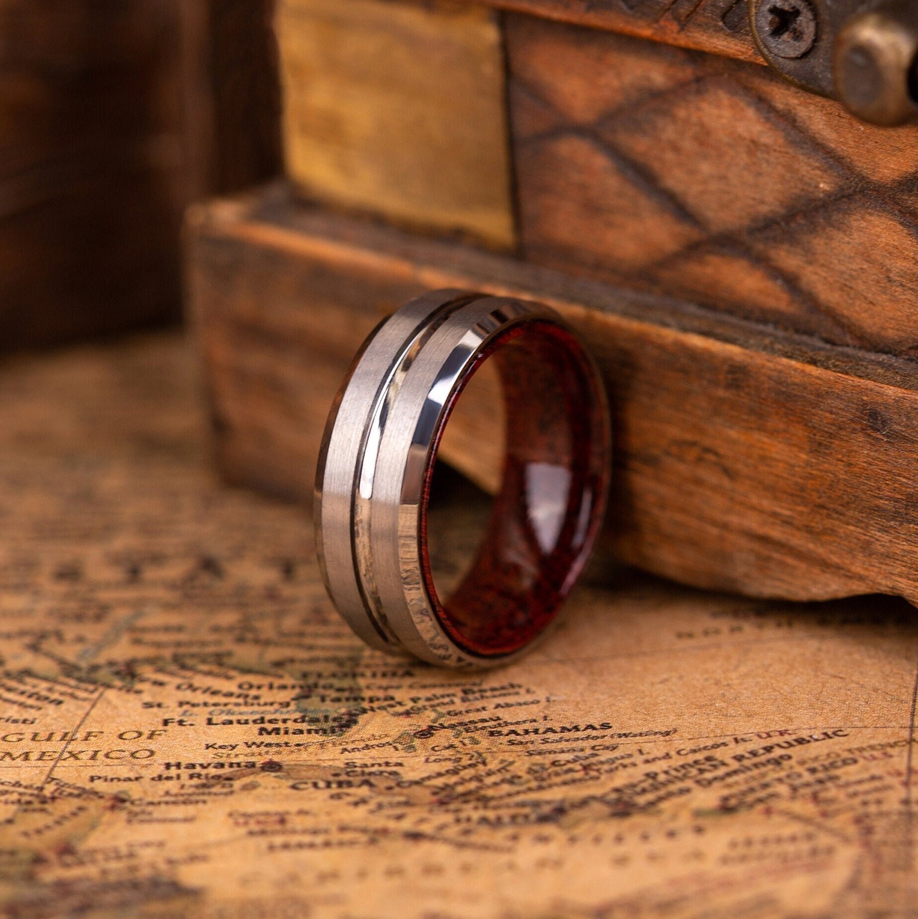 Classic Dark Tungsten Rings with Wood Inlay and Hammered Texture