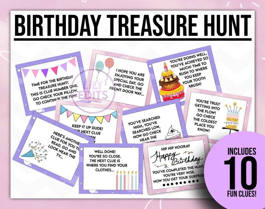 Birthday Treasure Hunt - Birthday Scavenger Hunt Clues, Printable ...