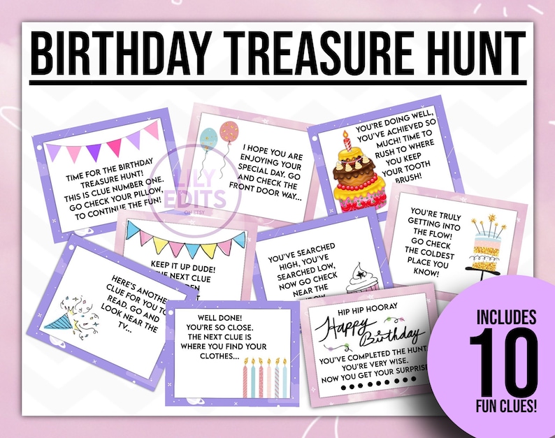 Birthday Treasure Hunt Birthday Scavenger Hunt Clues, Printable ...
