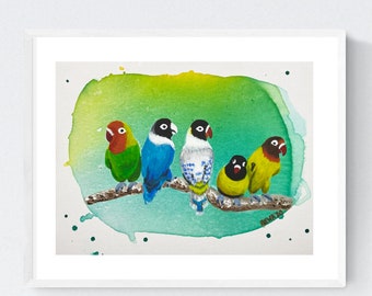 Lovebird Friends Art Print Home Decor 12x9, Animal Wall Art Nature Prints, Tropical Rainforest Jungle Forest Painting Bird Lover Gift