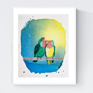 Rosy-Faced Lovebirds Pair Art Print Home Decor 8x10, Tropical Animal Wall Art Nature Prints, Lovebird Art Painting Bird Lover Gift Artwork