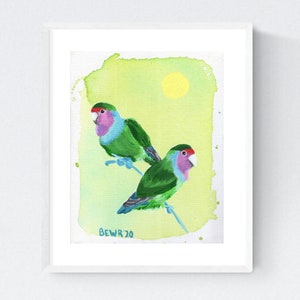 Rosy-Faced Lovebirds Art Print Bird Home Decor 8x10, Tropical Animal Wall Art Nature Prints, Lovebird Art Painting Bird Lover Gift Artwork