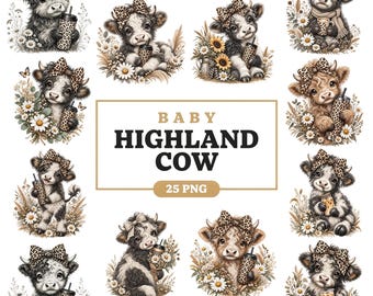 Baby Highland Cow 25 PNG Bundle, Leopard Print Cow Clipart