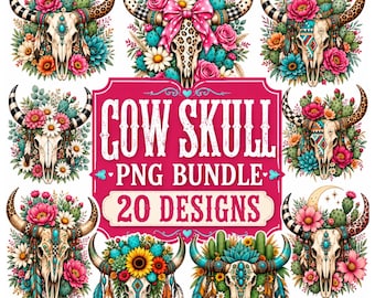 Boho Western Cow Skull PNG Bundle, 20 Floral Sublimation Designs (Digital Download)
