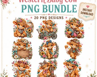 Western Baby Cow PNG Bundle, Highland Cow Sublimation Designs