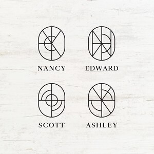 Może przedstawiać: Cztery czarno-białe geometryczne projekty logo z imionami Nancy, Edward, Scott i Ashley. Każdy projekt ma owalny kształt z unikalnym wewnętrznym geometrycznym wzorem. Tło to jasne usłojenie drewna.