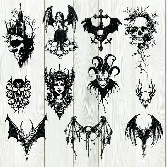Gothic Tattoo Art SVG Bundle: Dark Designs, Skull Clipart