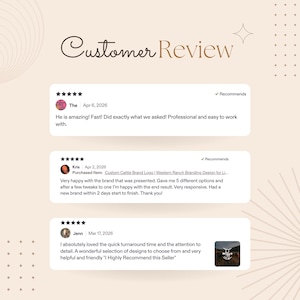 May include: A customer review graphic with the words "Customer Review" in a script font. Three customer reviews are displayed, each with a five-star rating and a recommendation checkmark. The reviews are from different customers.
